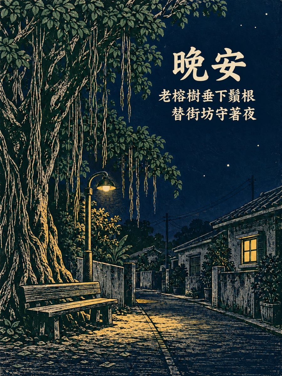 老榕樹守夜。圖中文字：晚安，老榕樹垂下鬚根，替街坊守著夜