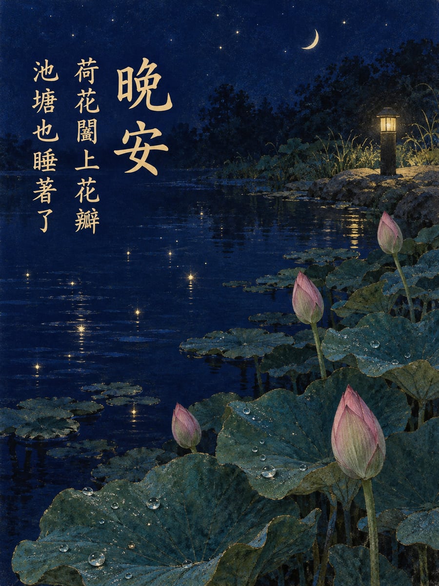荷花闔上了。圖中文字：晚安，荷花闔上花瓣，池塘也睡著了