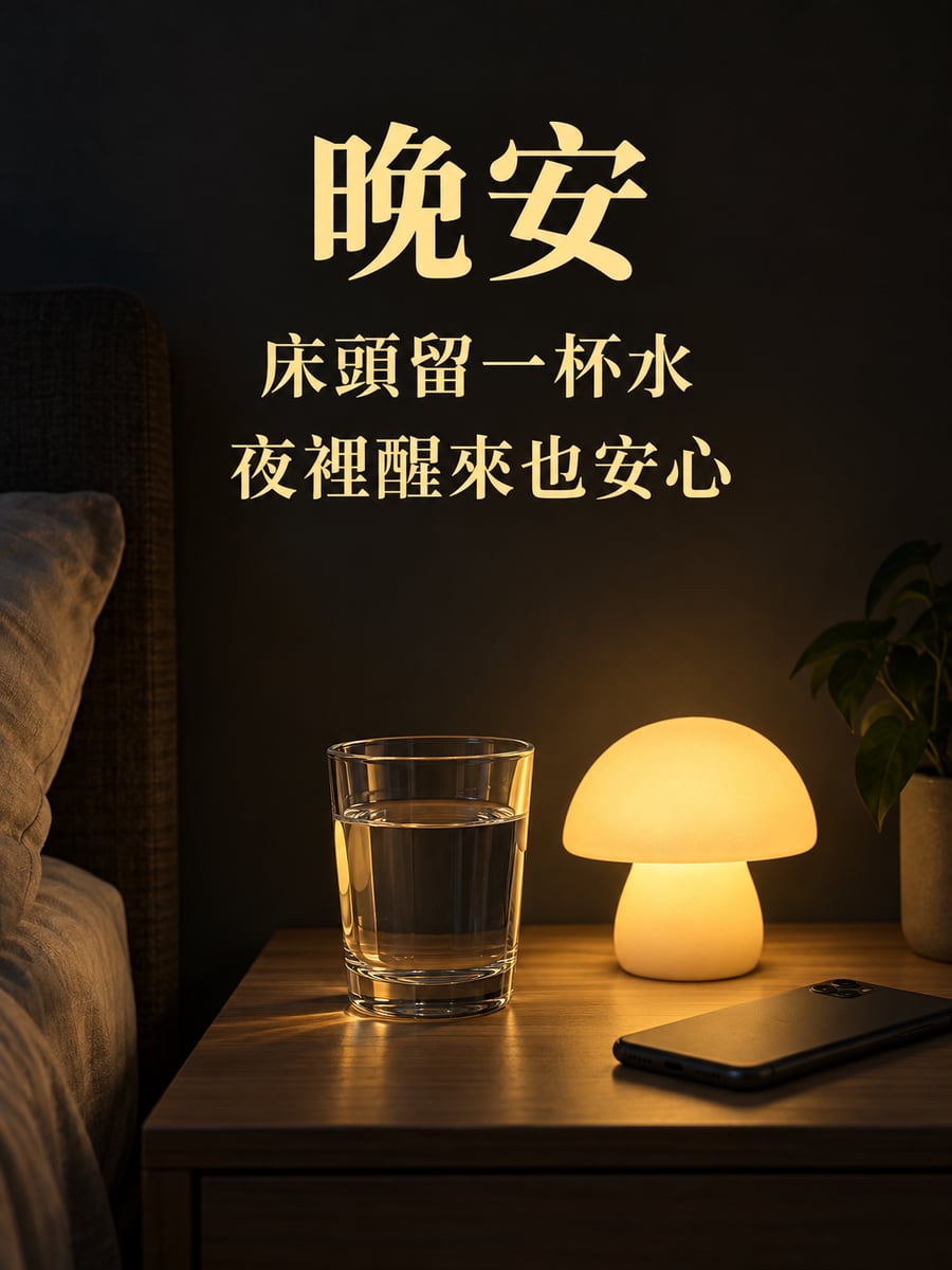 床頭一杯水。圖中文字：晚安，床頭留一杯水，夜裡醒來也安心
