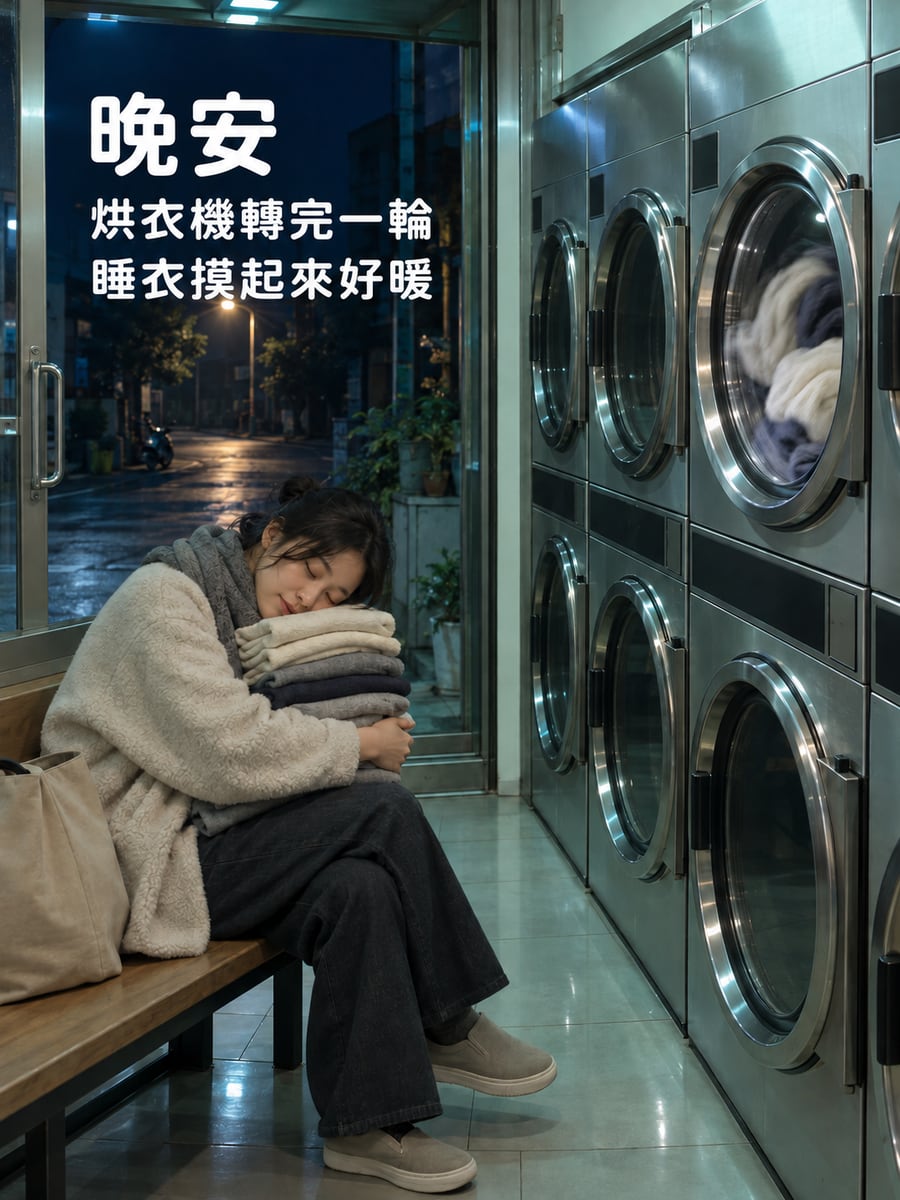 夜裡的洗衣店。圖中文字：晚安，烘衣機轉完一輪，睡衣摸起來好暖