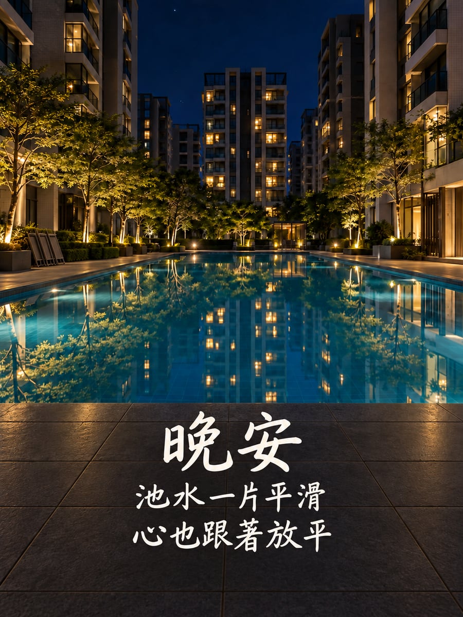 夜裡的泳池。圖中文字：晚安，池水一片平滑，心也跟著放平