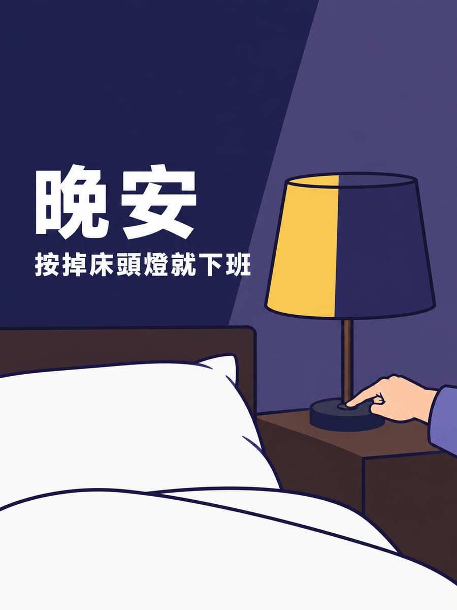 按掉床頭燈。圖中文字：晚安，按掉床頭燈就下班