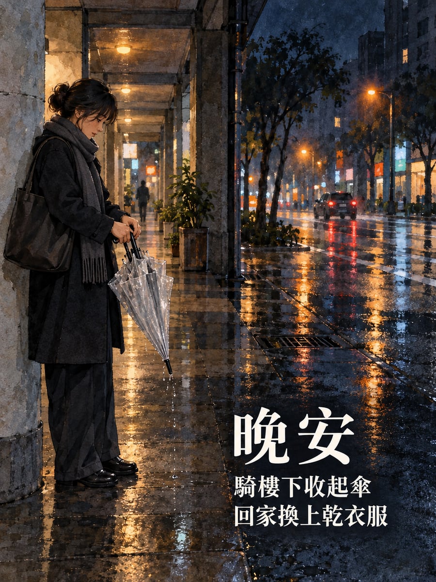 雨夜騎樓。圖中文字：晚安，騎樓下收起傘，回家換上乾衣服