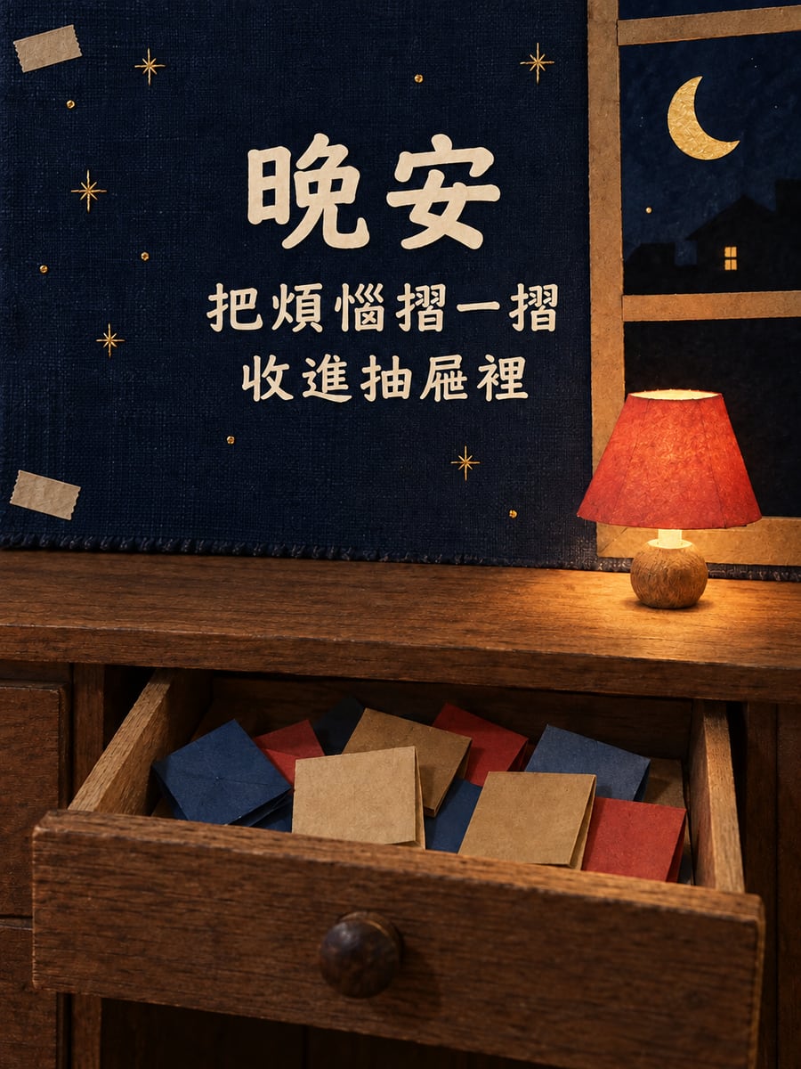 把煩惱收進抽屜。圖中文字：晚安，把煩惱摺一摺，收進抽屜裡