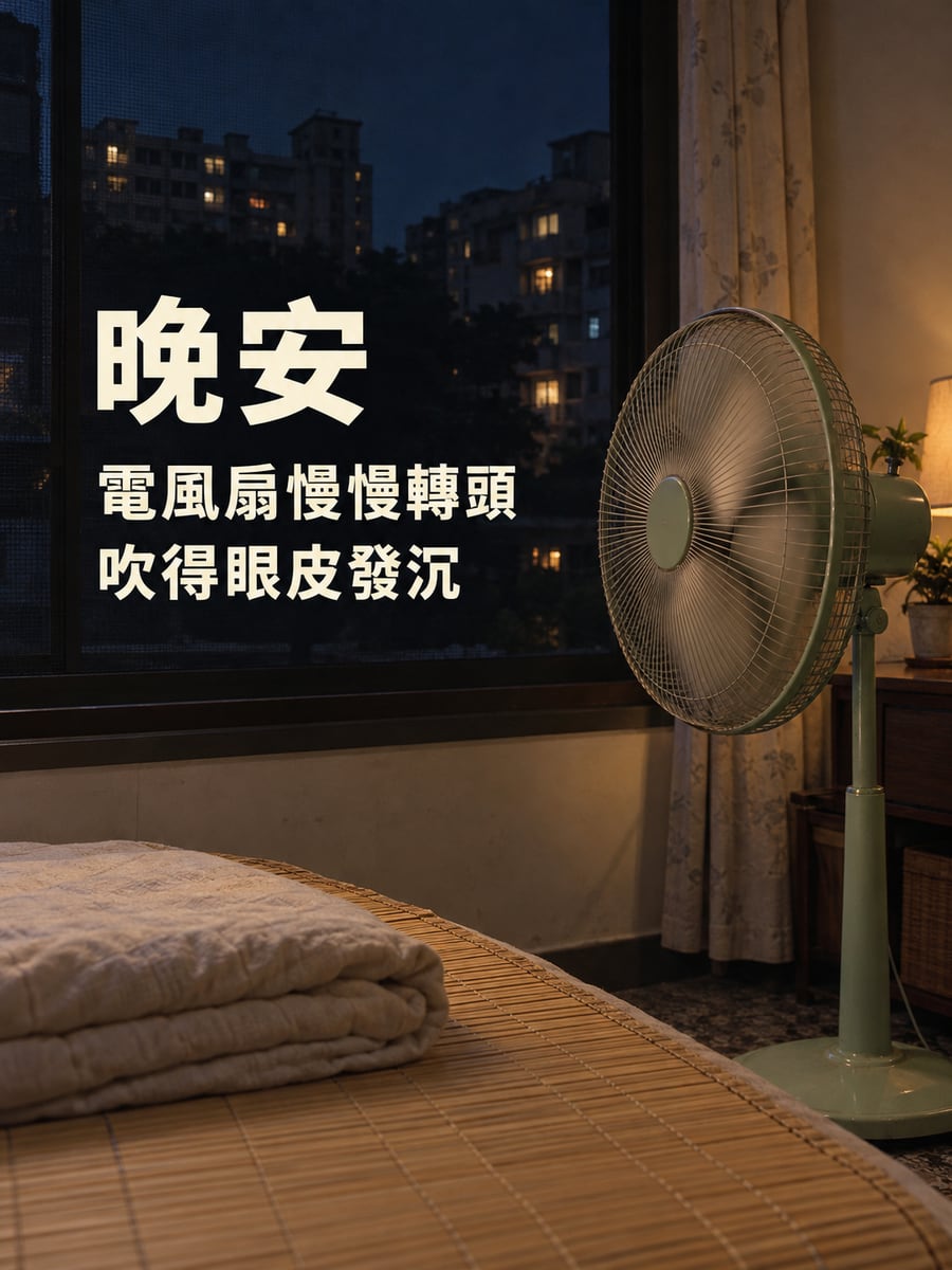 老電扇的夏夜。圖中文字：晚安，電風扇慢慢轉頭，吹得眼皮發沉