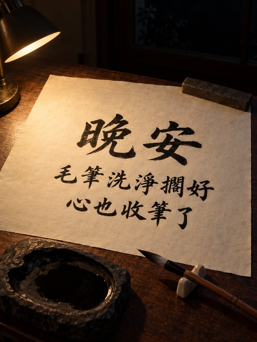 毛筆擱好了。圖中文字：晚安，毛筆洗淨擱好，心也收筆了