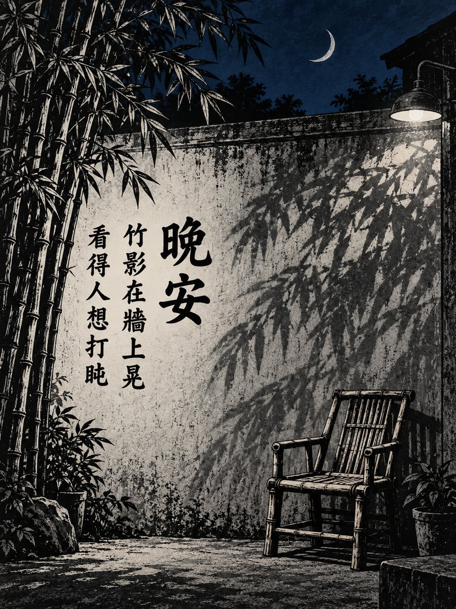 竹影沙沙。圖中文字：晚安，竹影在牆上晃，看得人想打盹