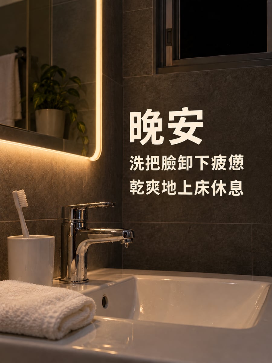 洗把臉上床。圖中文字：晚安，洗把臉卸下疲憊，乾爽地上床休息