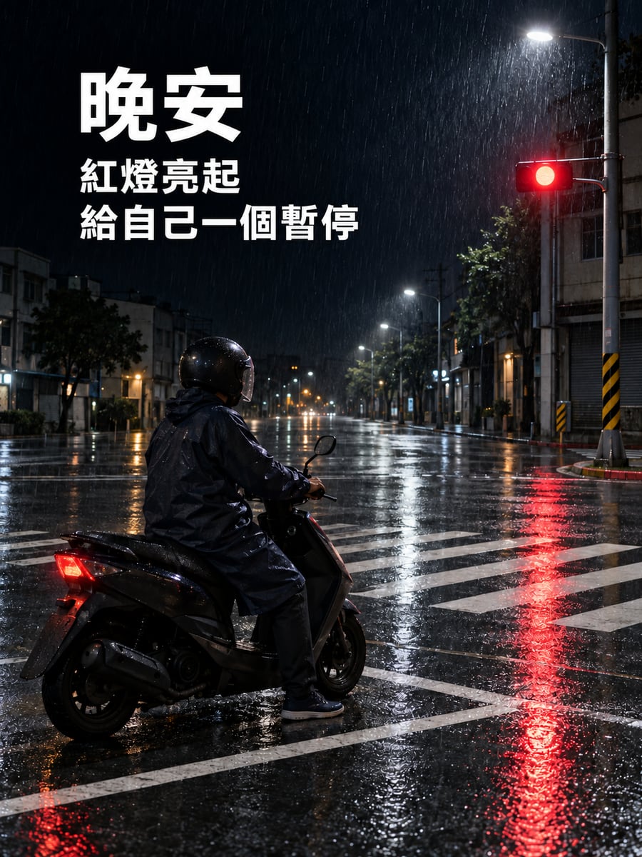 雨夜紅燈。圖中文字：晚安，紅燈亮起，給自己一個暫停