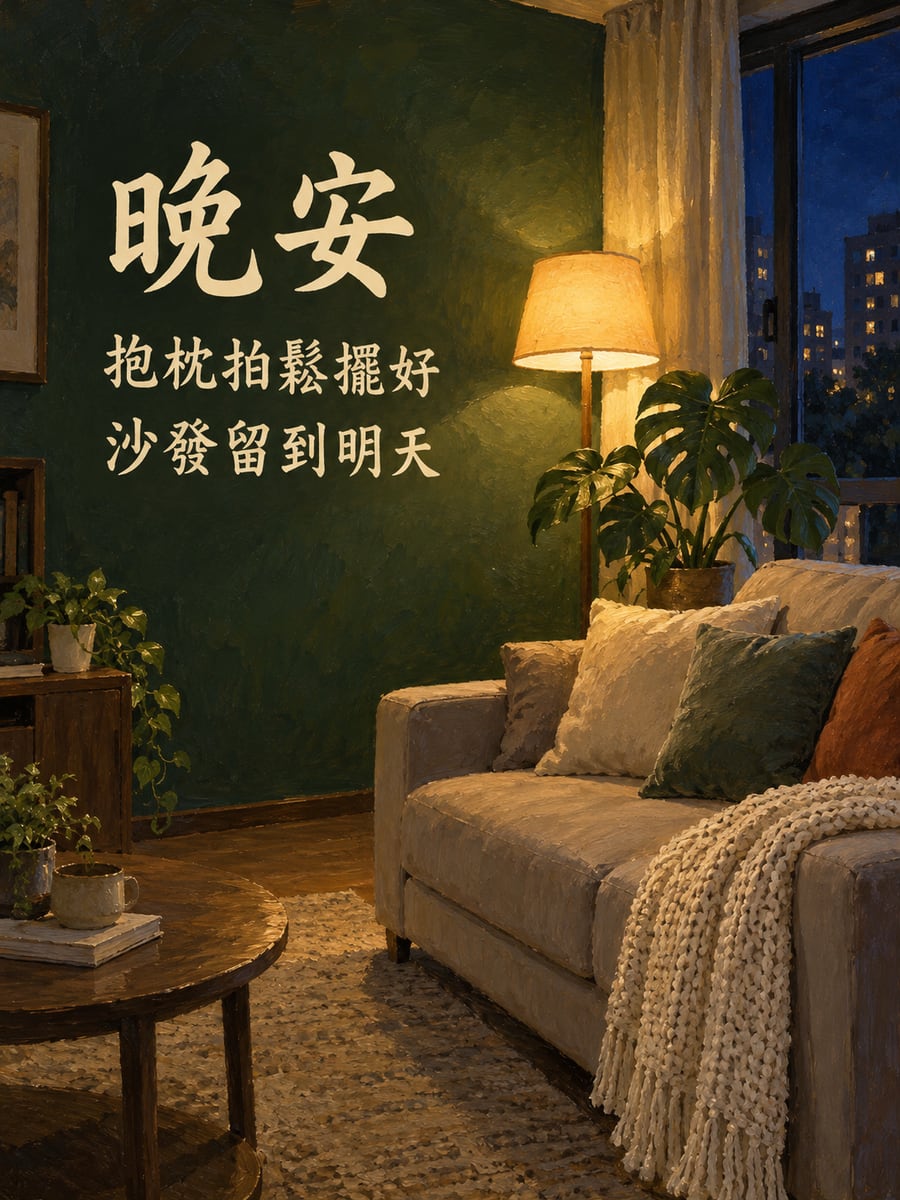 客廳一盞落地燈。圖中文字：晚安，抱枕拍鬆擺好，沙發留到明天