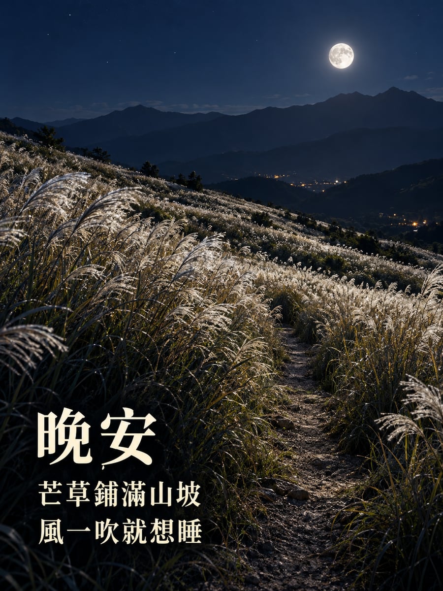 芒草月夜。圖中文字：晚安，芒草鋪滿山坡，風一吹就想睡