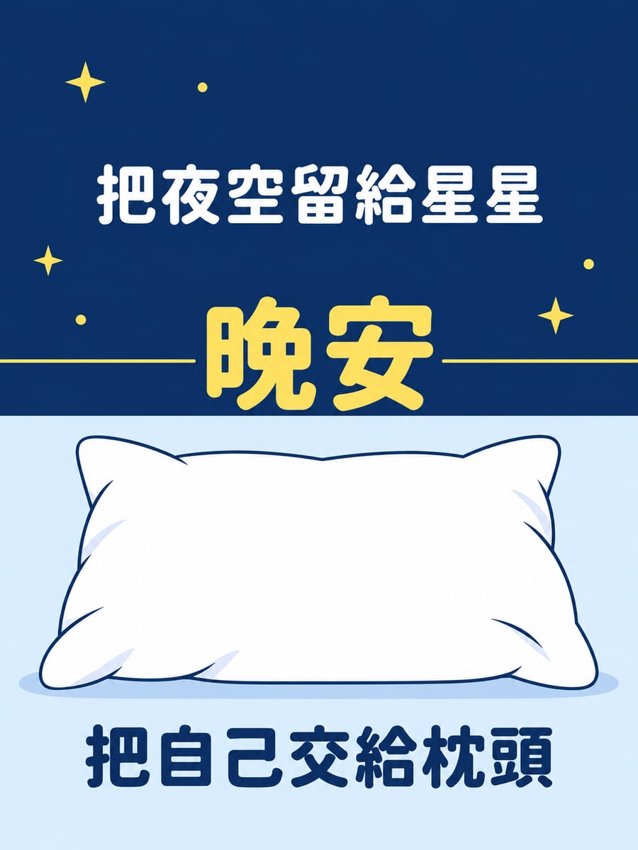 夜空與枕頭。圖中文字：晚安，把夜空留給星星，把自己交給枕頭
