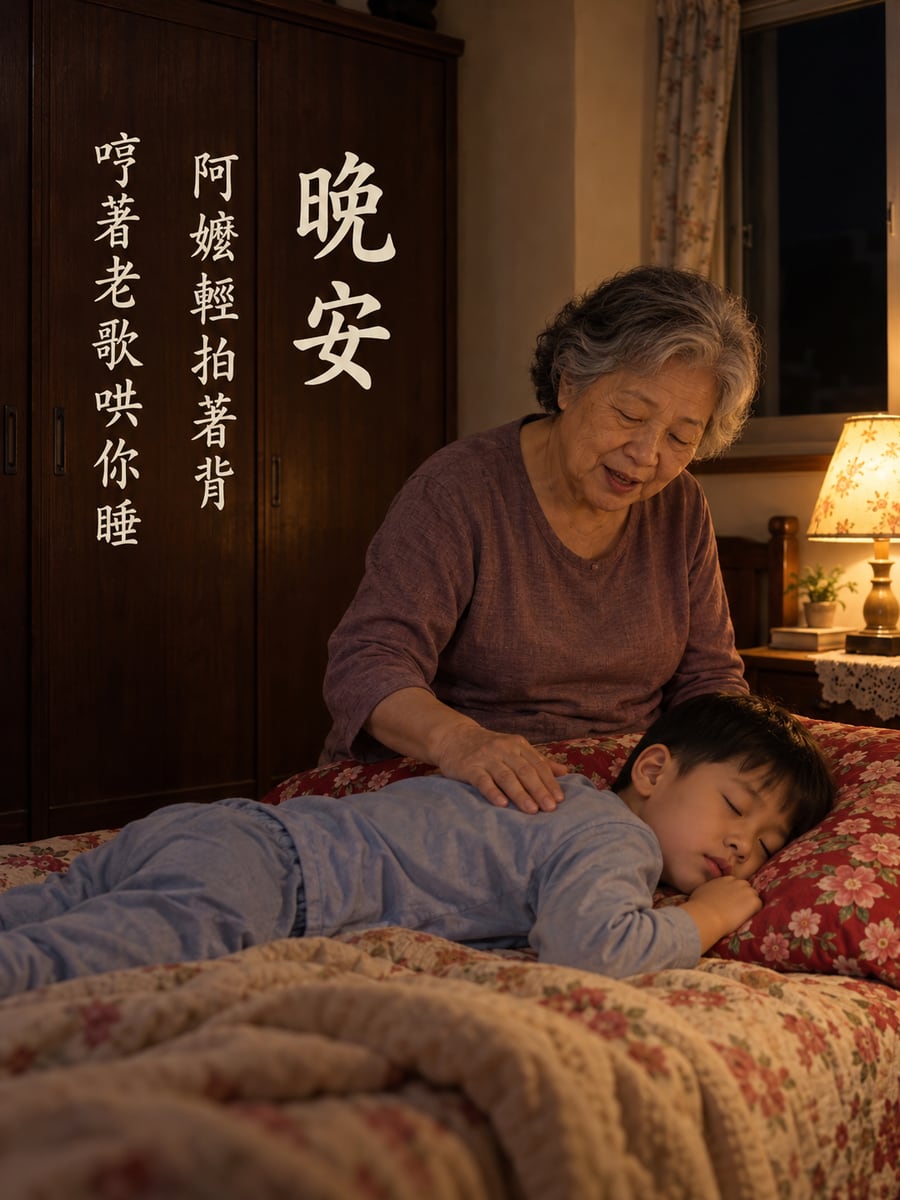 阿嬤哄睡。圖中文字：晚安，阿嬤輕拍著背，哼著老歌哄你睡