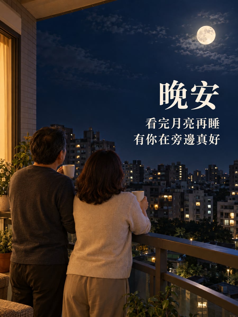 陽台看月亮。圖中文字：晚安，看完月亮再睡，有你在旁邊真好