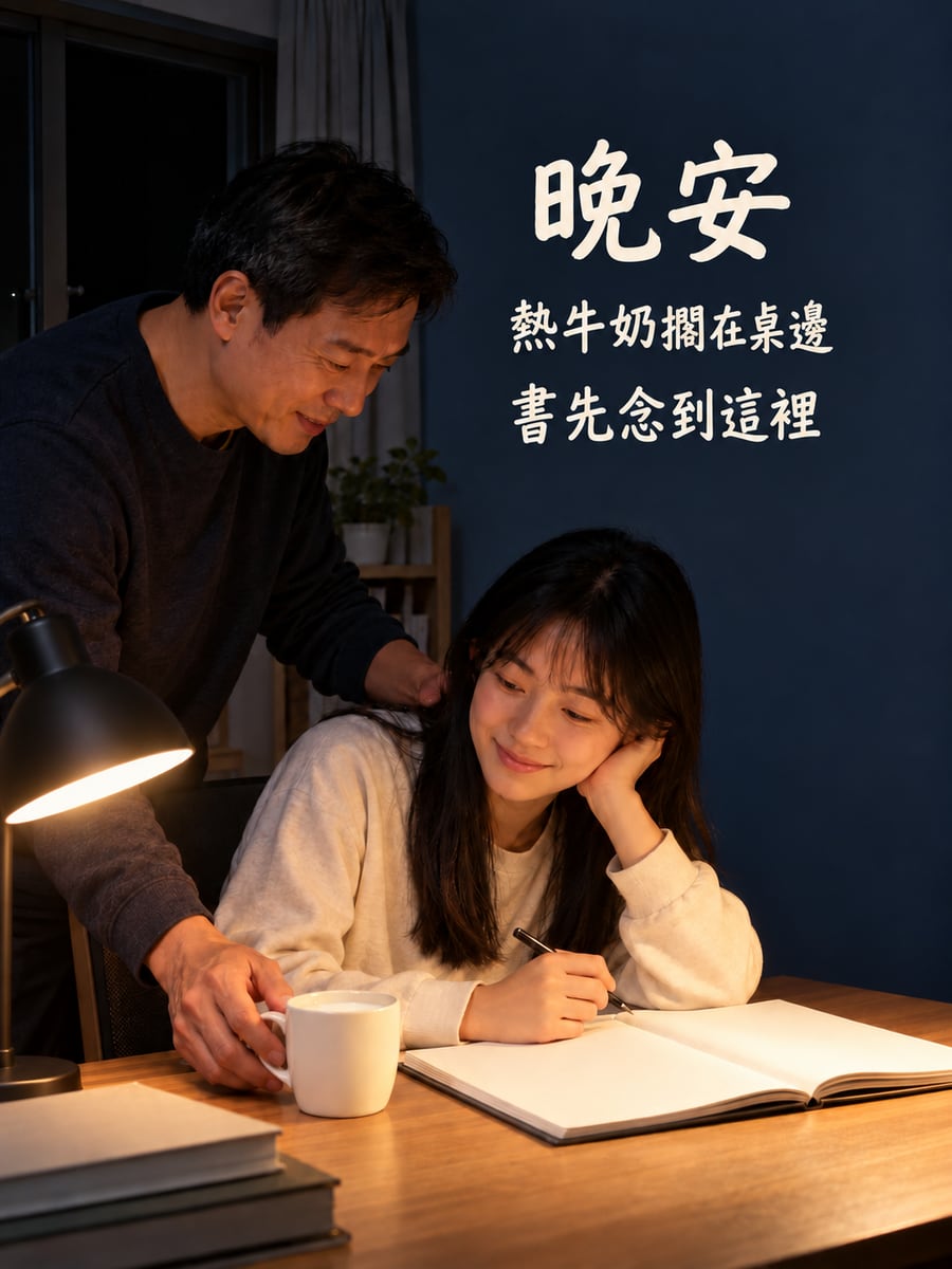睡前熱牛奶。圖中文字：晚安，熱牛奶擱在桌邊，書先念到這裡