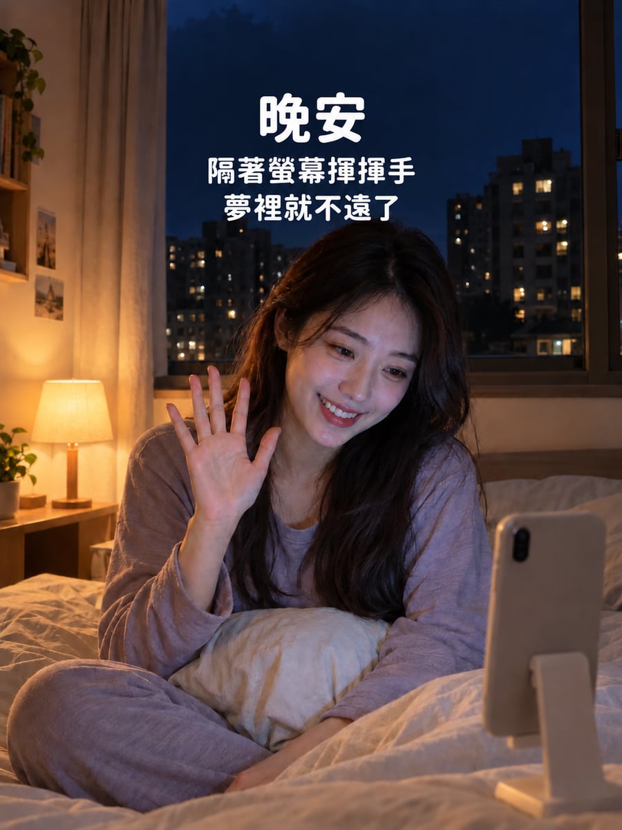 視訊道晚安。圖中文字：晚安，隔著螢幕揮揮手，夢裡就不遠了