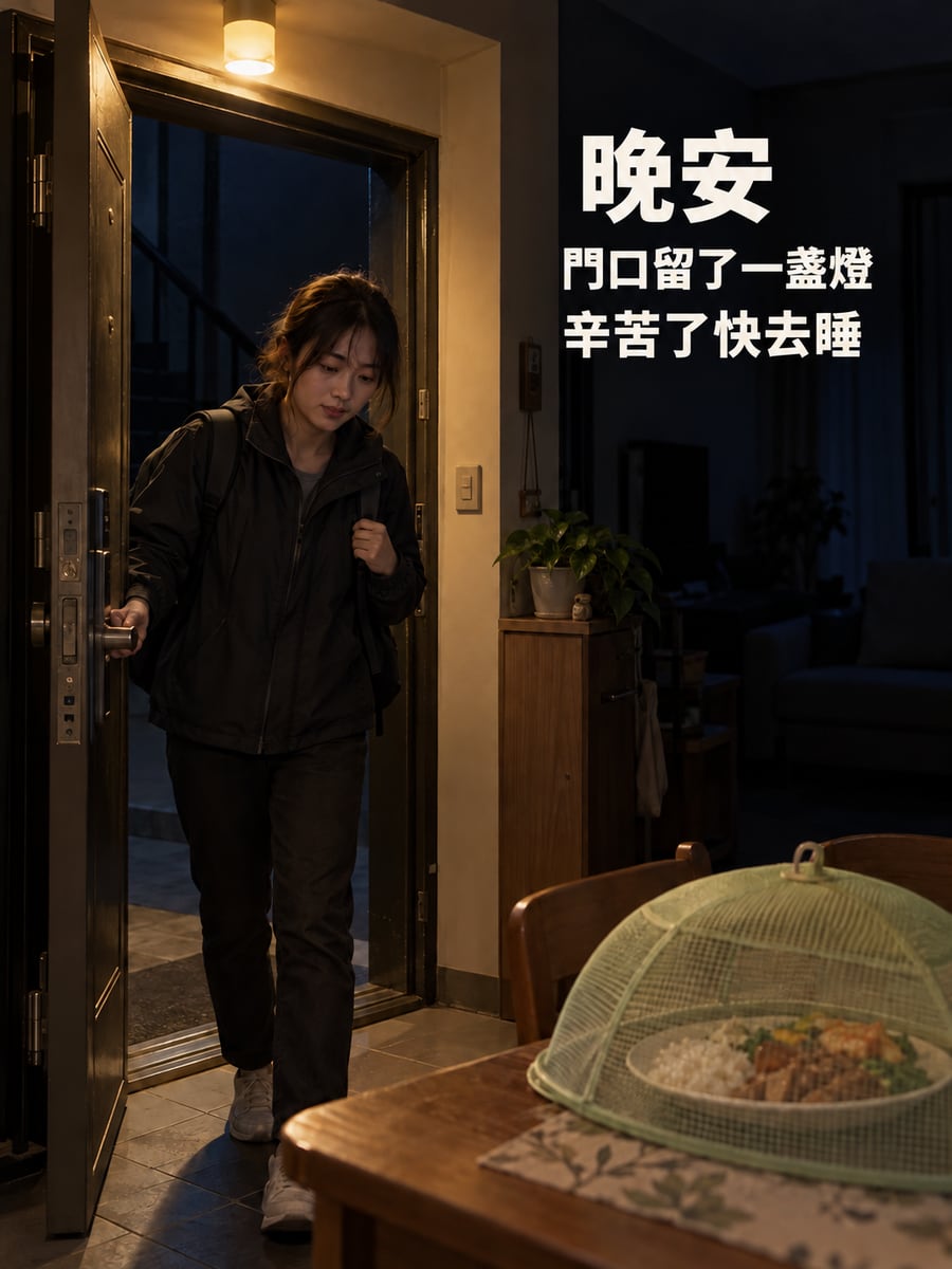 門口留一盞燈。圖中文字：晚安，門口留了一盞燈，辛苦了快去睡