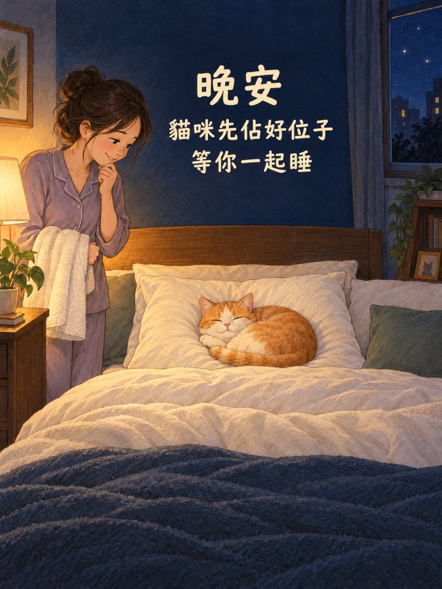 貓咪佔好位子。圖中文字：晚安，貓咪先佔好位子，等你一起睡