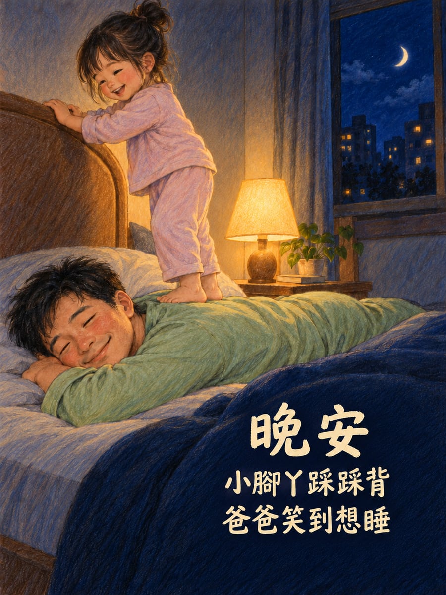 小腳丫踩踩背。圖中文字：晚安，小腳丫踩踩背，爸爸笑到想睡