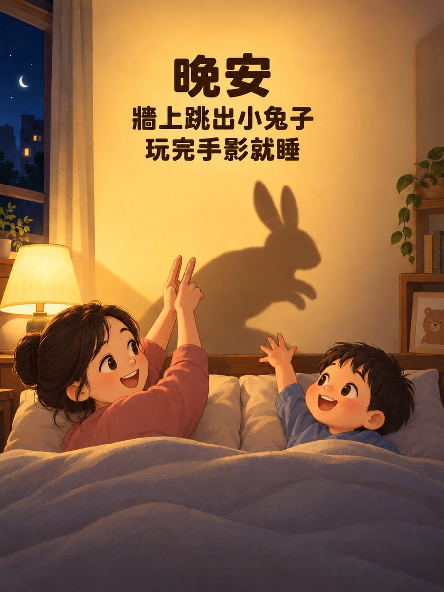 牆上的手影兔。圖中文字：晚安，牆上跳出小兔子，玩完手影就睡