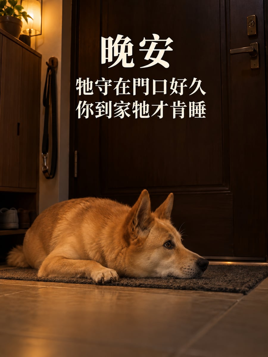 守在門口的狗。圖中文字：晚安，牠守在門口好久，你到家牠才肯睡