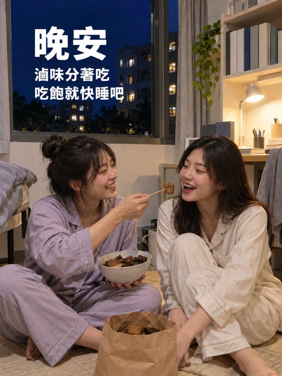 宵夜分一半。圖中文字：晚安，滷味分著吃，吃飽就快睡吧