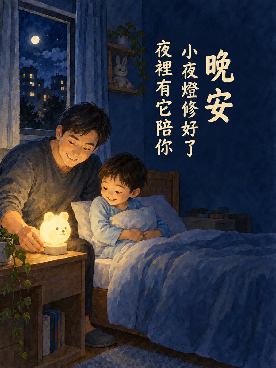 小夜燈修好了。圖中文字：晚安，小夜燈修好了，夜裡有它陪你