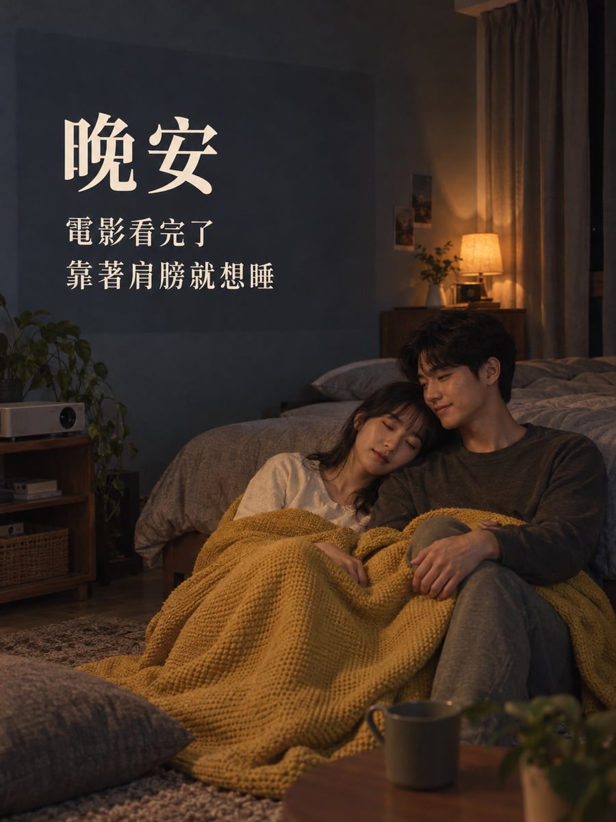 電影看完了。圖中文字：晚安，電影看完了，靠著肩膀就想睡