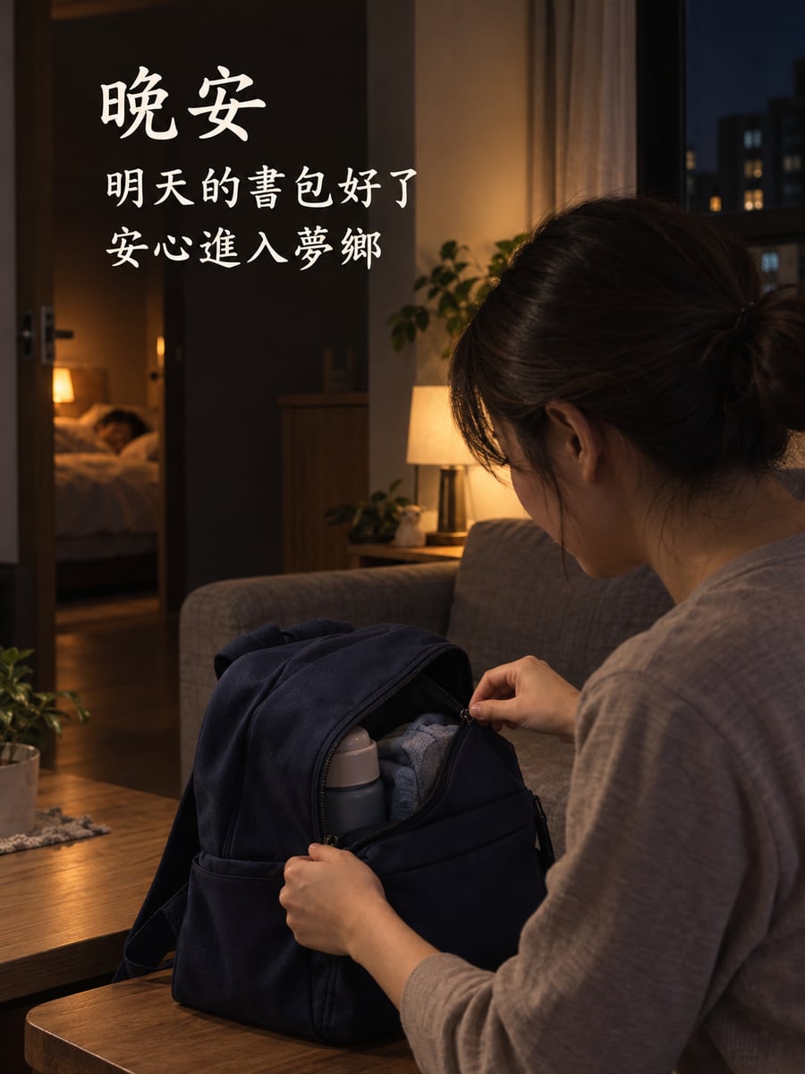 書包整理好了。圖中文字：晚安，明天的書包好了，安心進入夢鄉