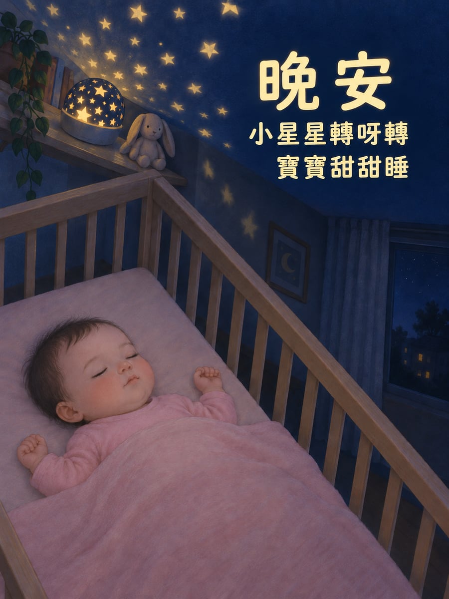 星星小夜燈。圖中文字：晚安，小星星轉呀轉，寶寶甜甜睡