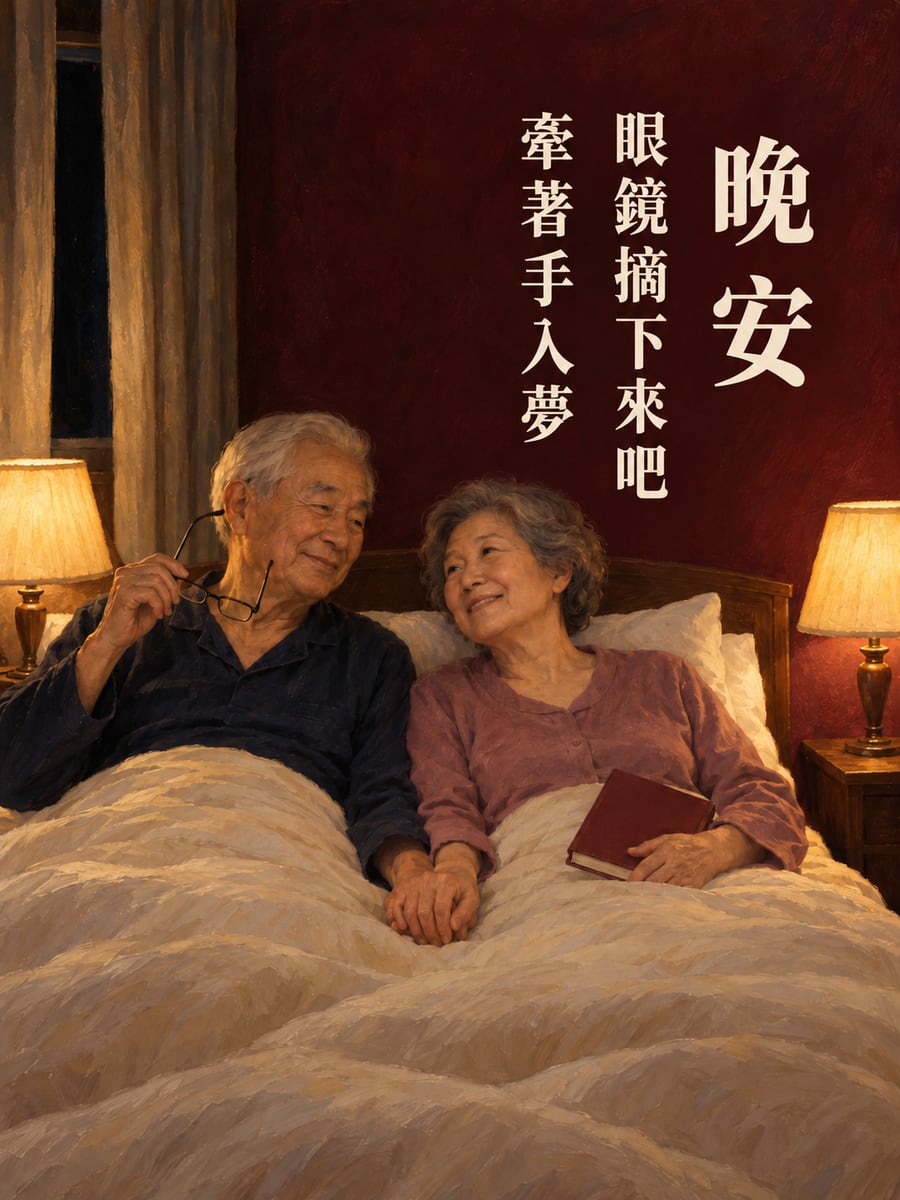 老夫妻睡前。圖中文字：晚安，眼鏡摘下來吧，牽著手入夢