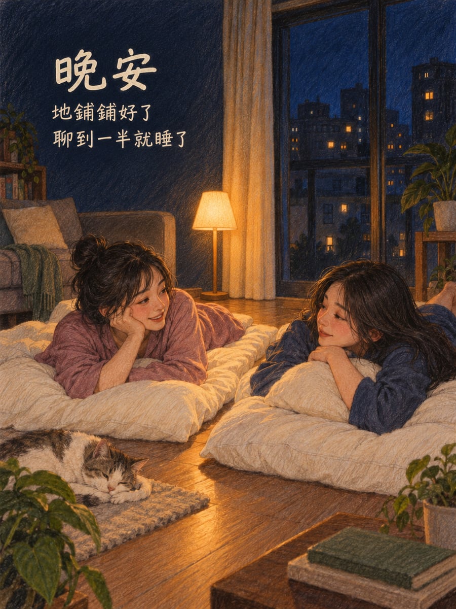 打地鋪聊天。圖中文字：晚安，地鋪鋪好了，聊到一半就睡了