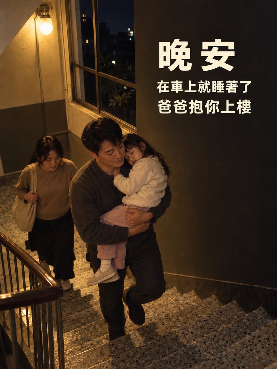 爸爸抱你上樓。圖中文字：晚安，在車上就睡著了，爸爸抱你上樓