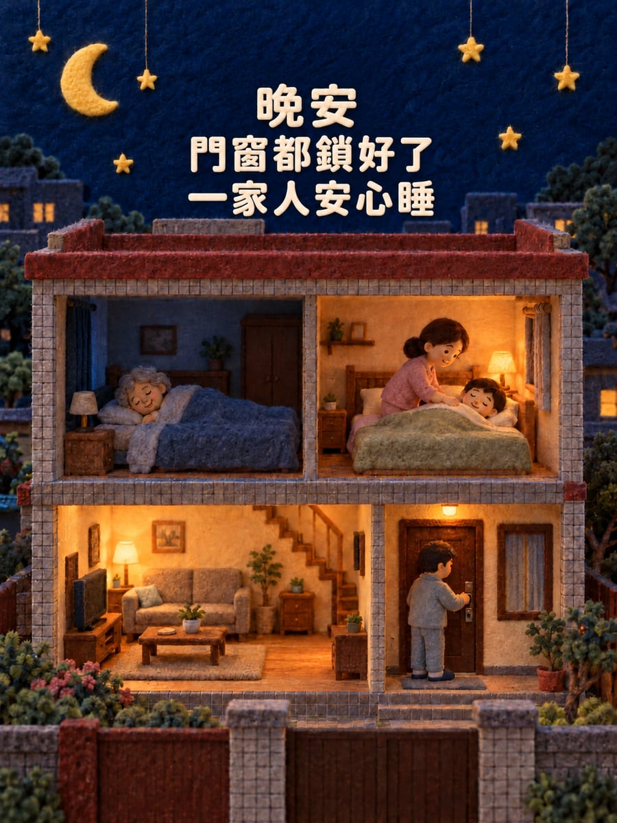 一家人準備睡。圖中文字：晚安，門窗都鎖好了，一家人安心睡