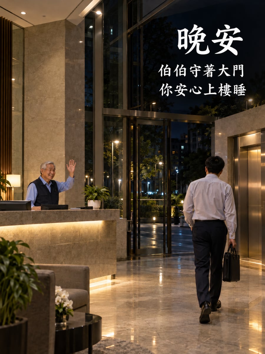 警衛伯伯守大門。圖中文字：晚安，伯伯守著大門，你安心上樓睡