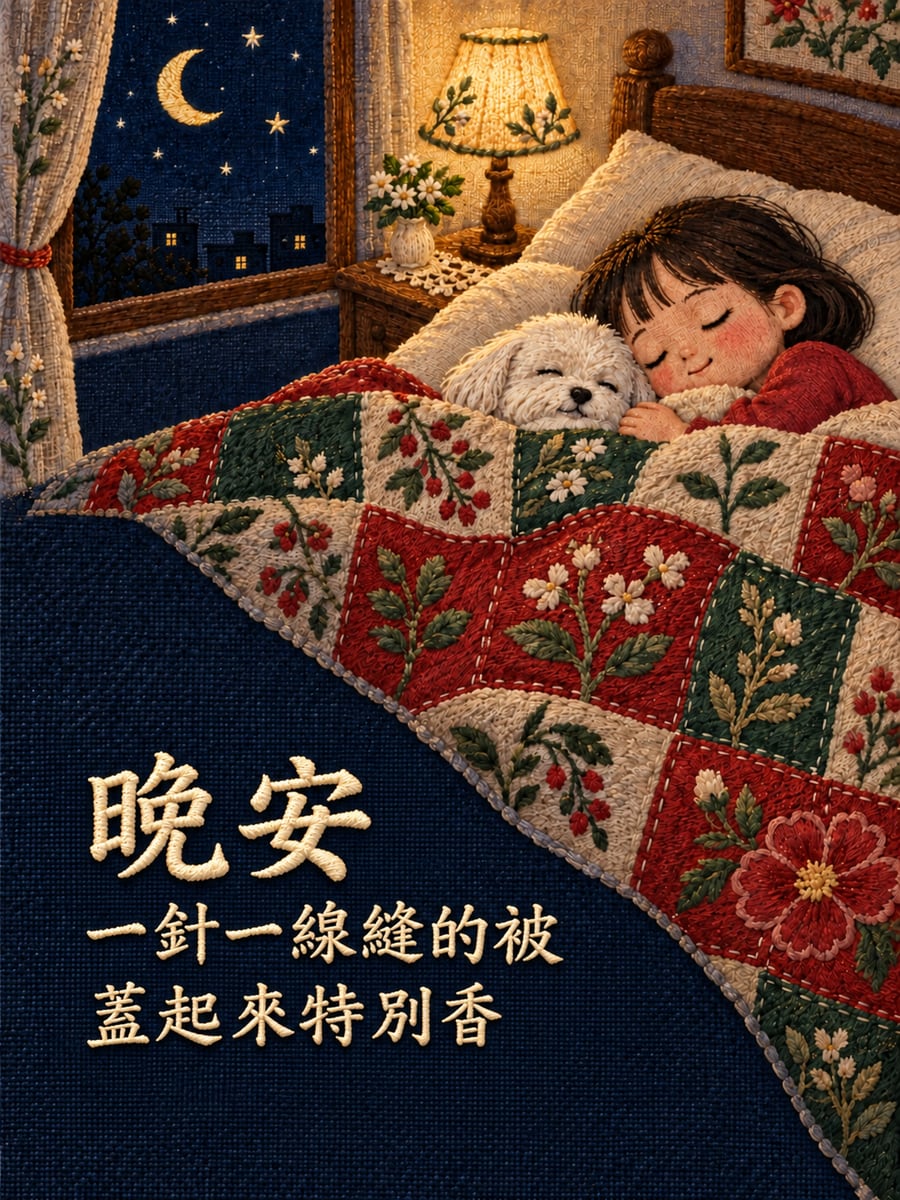 一針一線縫的被。圖中文字：晚安，一針一線縫的被，蓋起來特別香