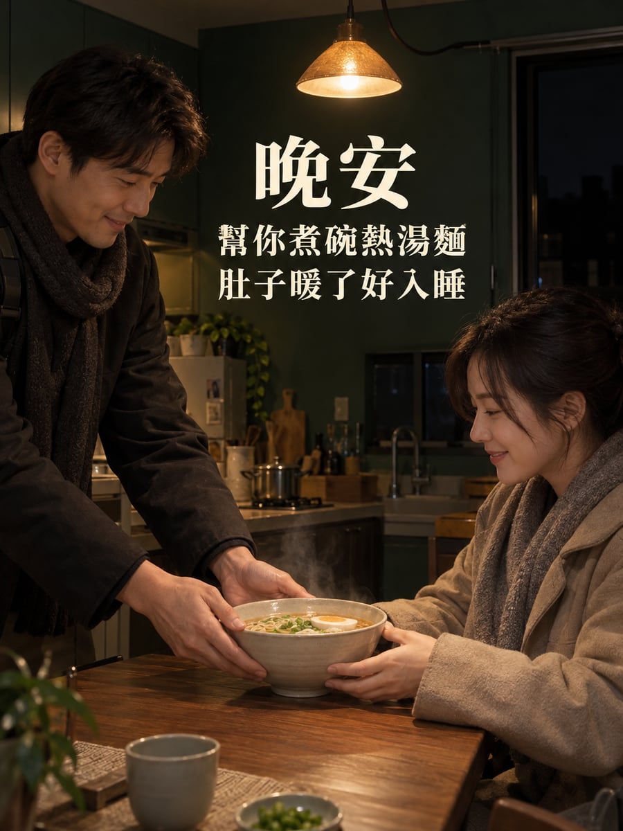 宵夜一碗湯麵。圖中文字：晚安，幫你煮碗熱湯麵，肚子暖了好入睡