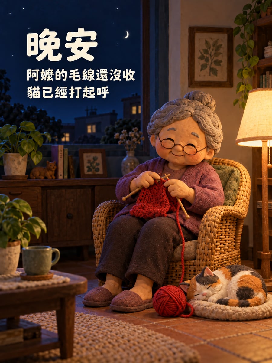 阿嬤的毛線。圖中文字：晚安，阿嬤的毛線還沒收，貓已經打起呼