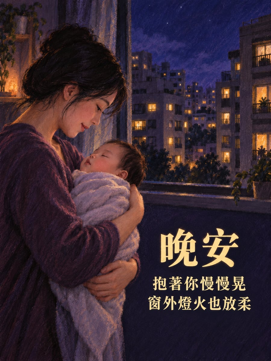 抱著你慢慢晃。圖中文字：晚安，抱著你慢慢晃，窗外燈火也放柔