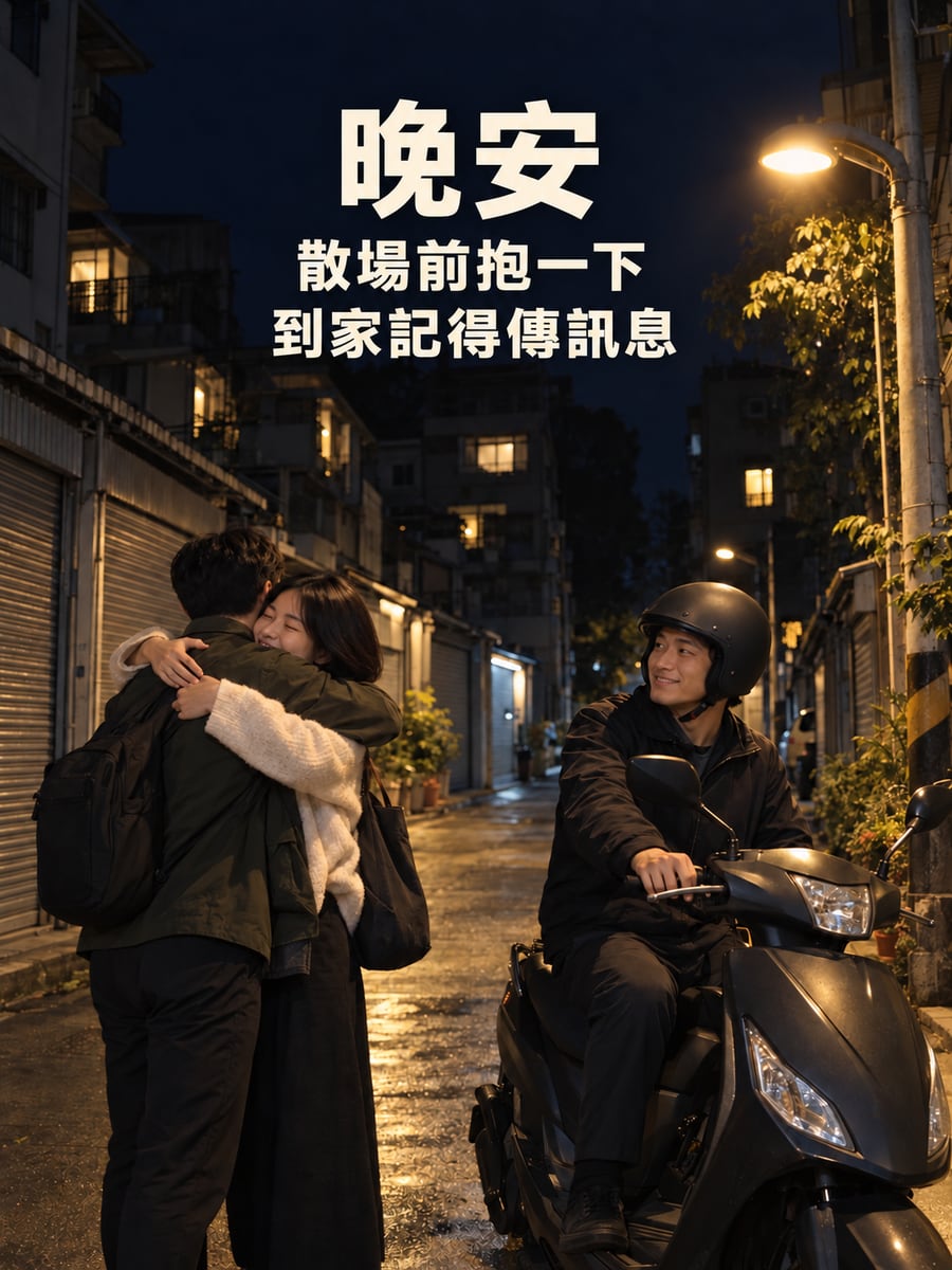 聚會散場。圖中文字：晚安，散場前抱一下，到家記得傳訊息