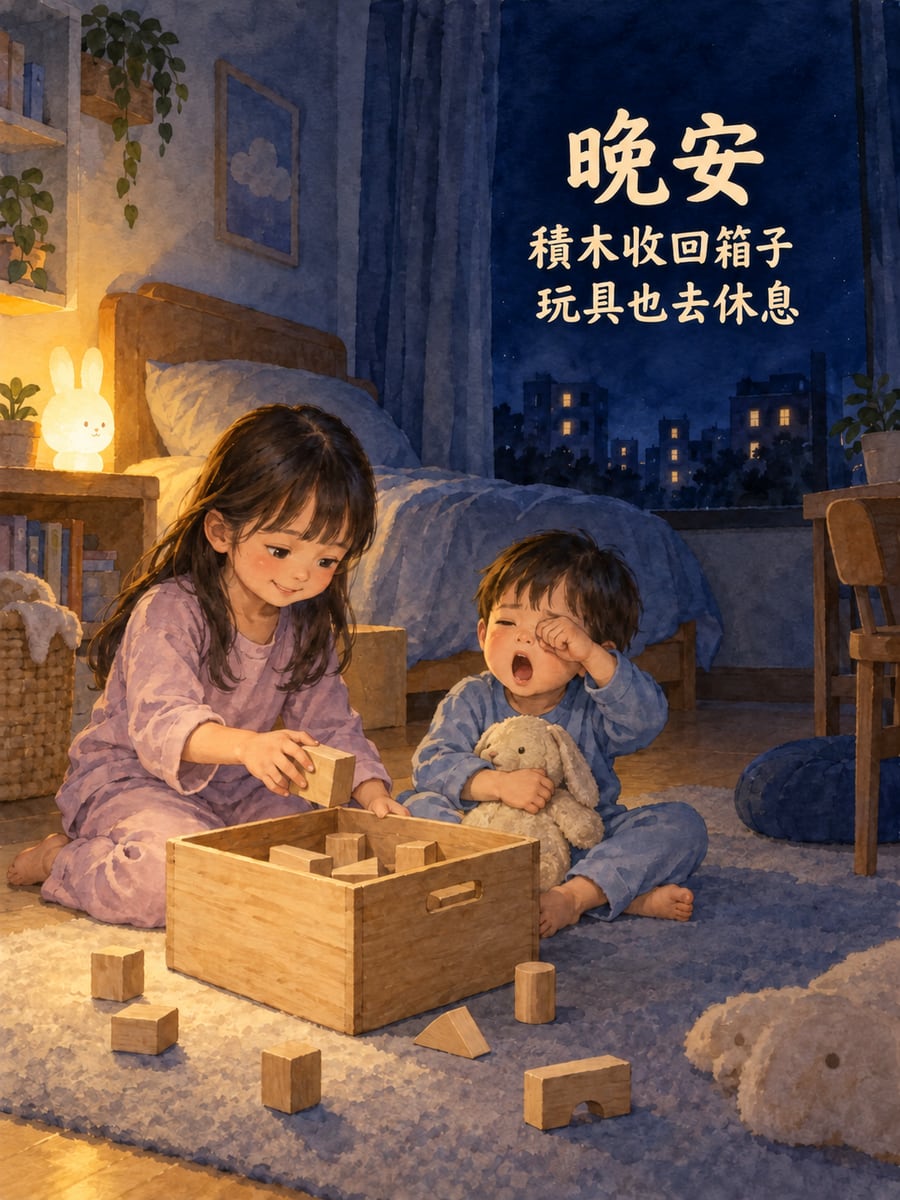 積木收回箱子。圖中文字：晚安，積木收回箱子，玩具也去休息