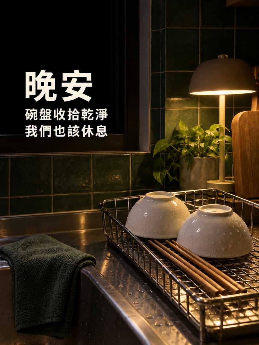 碗盤收好了。圖中文字：晚安，碗盤收拾乾淨，我們也該休息