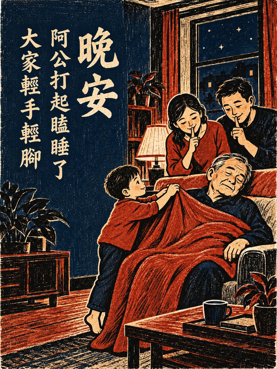 阿公打瞌睡。圖中文字：晚安，阿公打起瞌睡了，大家輕手輕腳