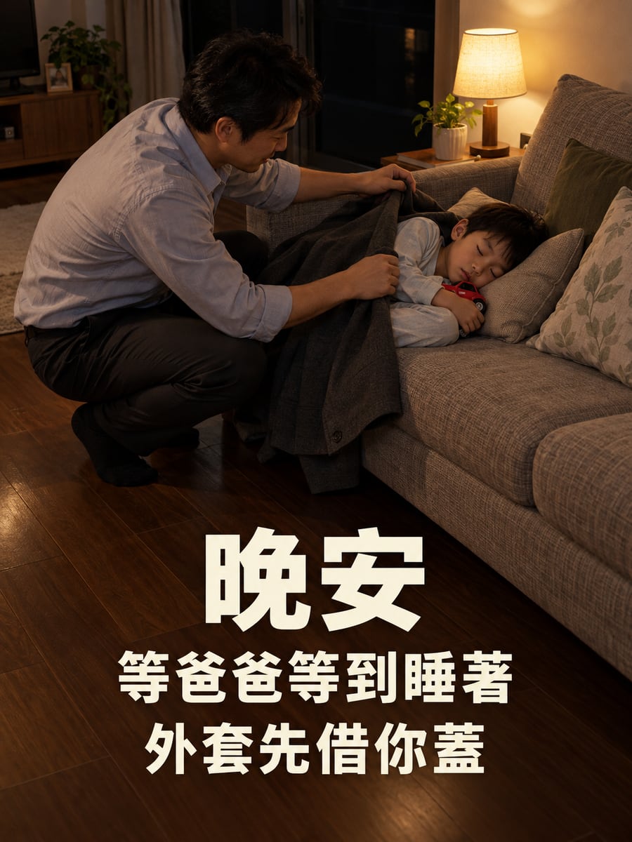 等爸爸等到睡著。圖中文字：晚安，等爸爸等到睡著，外套先借你蓋