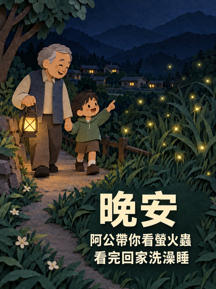 阿公帶你看螢火蟲。圖中文字：晚安，阿公帶你看螢火蟲，看完回家洗澡睡