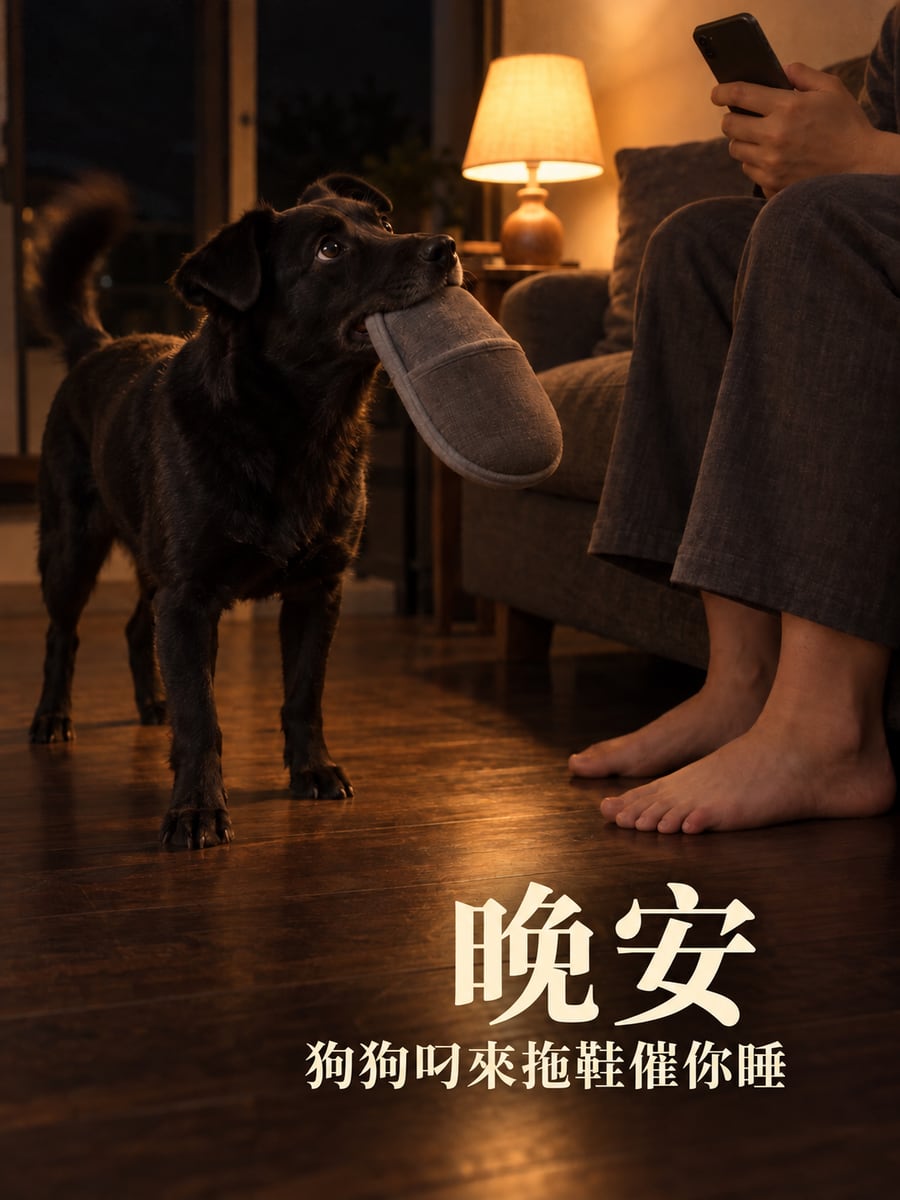 狗狗叼拖鞋。圖中文字：晚安，狗狗叼來拖鞋催你睡