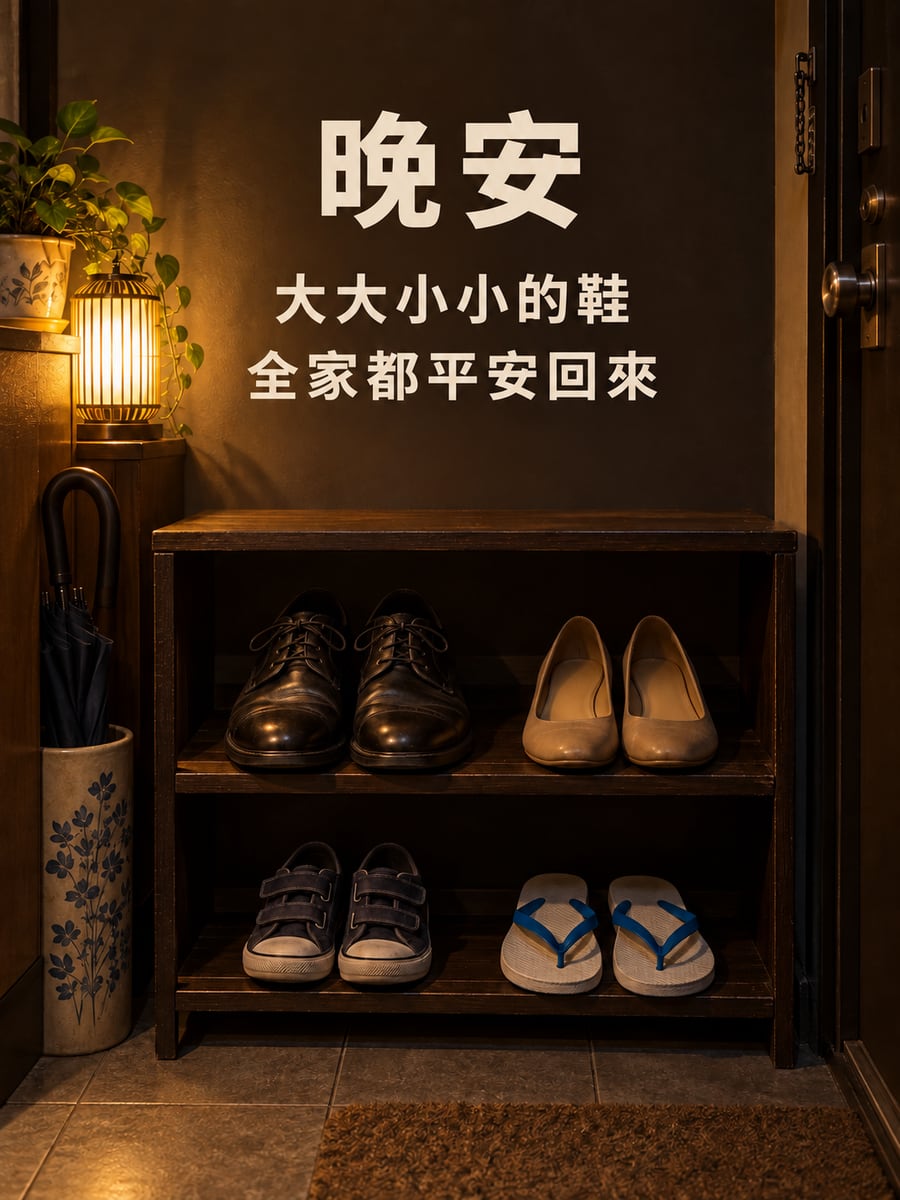 鞋子都回來了。圖中文字：晚安，大大小小的鞋，全家都平安回來