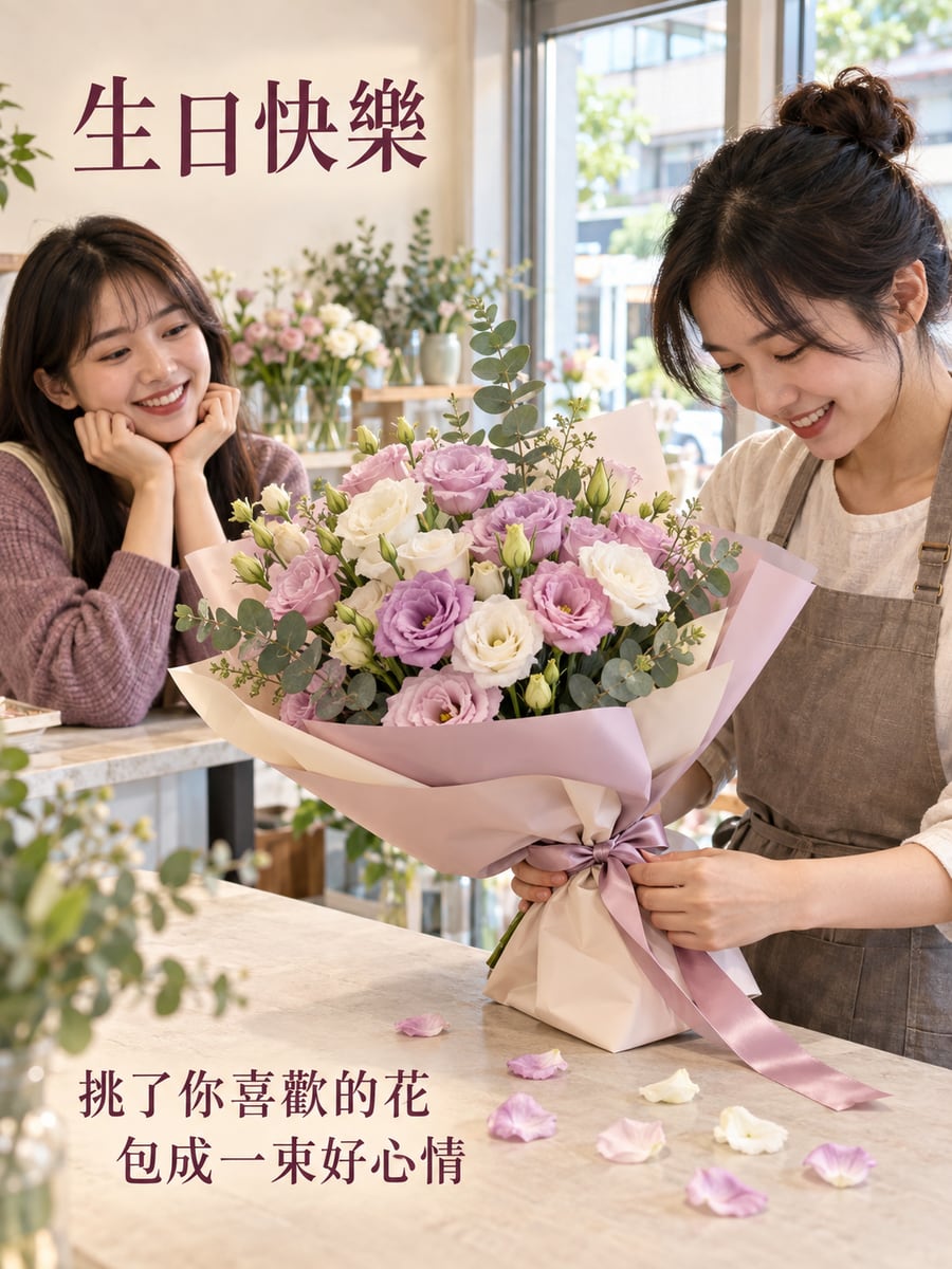 包一束洋桔梗。圖中文字：生日快樂，挑了你喜歡的花，包成一束好心情