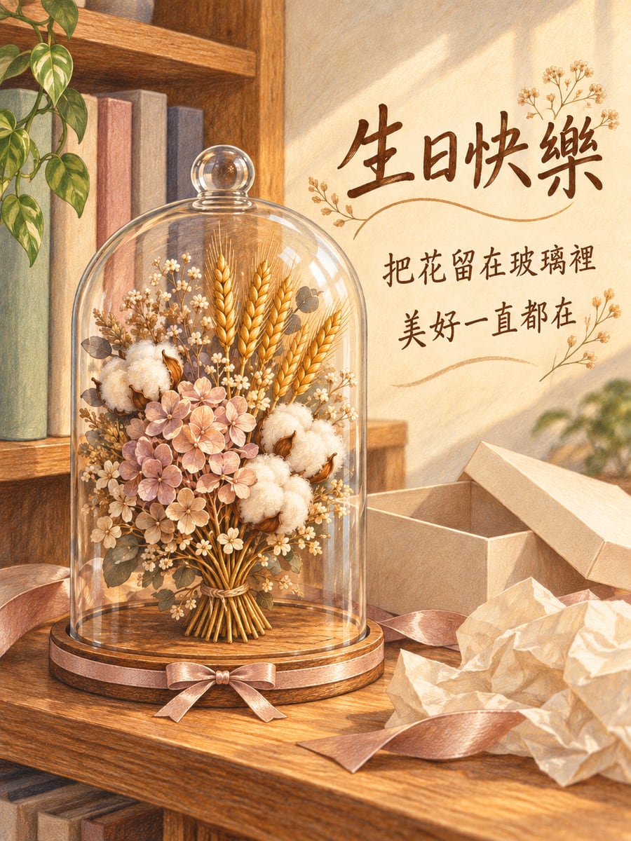 乾燥花玻璃罩。圖中文字：生日快樂，把花留在玻璃裡，美好一直都在