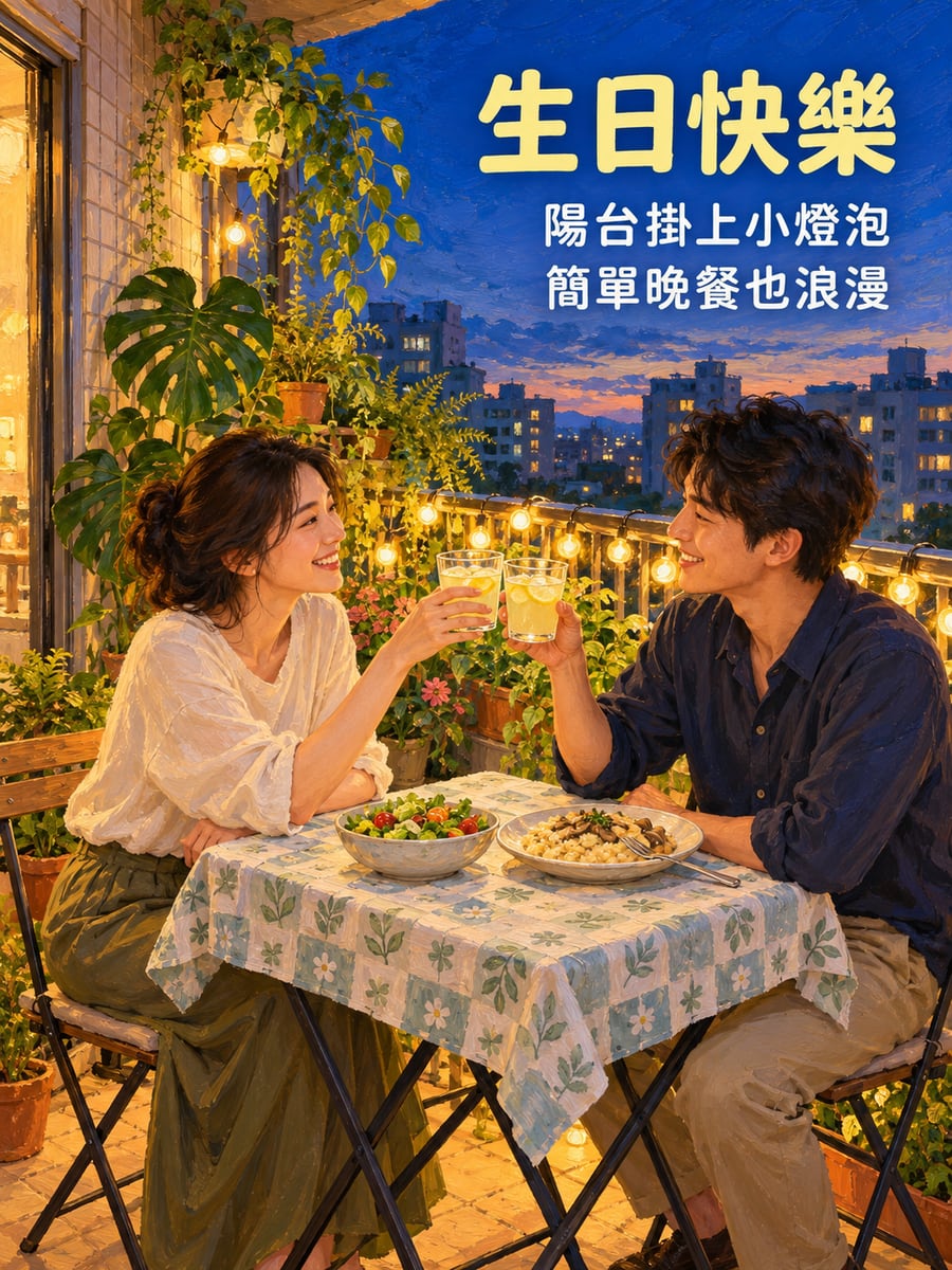 陽台燈串晚餐。圖中文字：生日快樂，陽台掛上小燈泡，簡單晚餐也浪漫